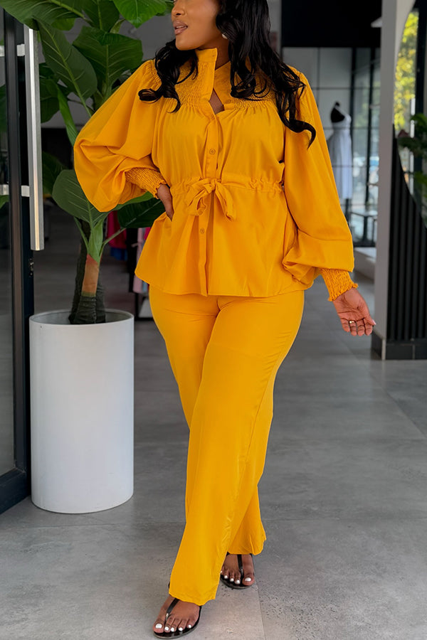 Chic Pleated Stand Up Collar Drawstring Shirt & Pants Set