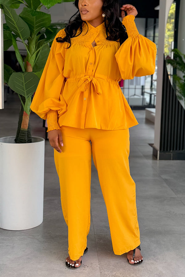 Chic Pleated Stand Up Collar Drawstring Shirt & Pants Set