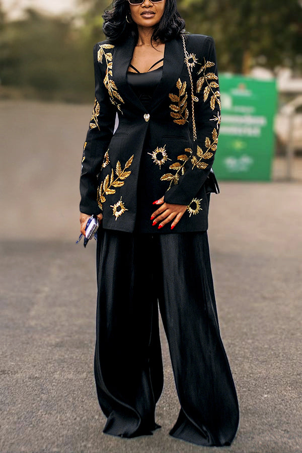  Chic Gold Stamped Single Button Blazer & Pleated Pants Set