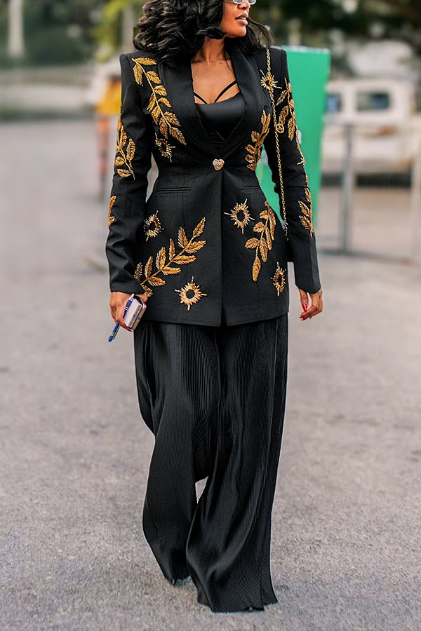  Chic Gold Stamped Single Button Blazer & Pleated Pants Set