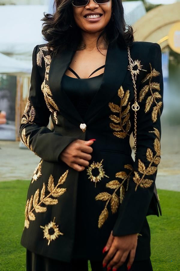  Chic Gold Stamped Single Button Blazer & Pleated Pants Set