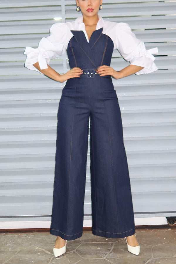 Stylish Flounce Sleeve Shirt & Denim Jumpsuit Set
