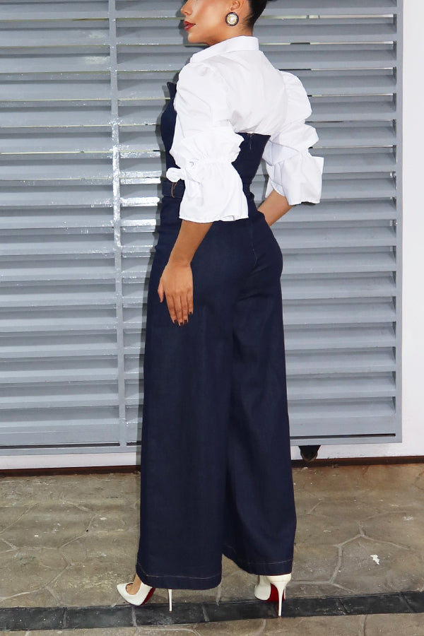Stylish Flounce Sleeve Shirt & Denim Jumpsuit Set