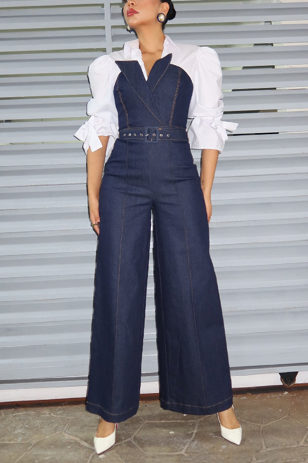 Stylish Flounce Sleeve Shirt & Denim Jumpsuit Set