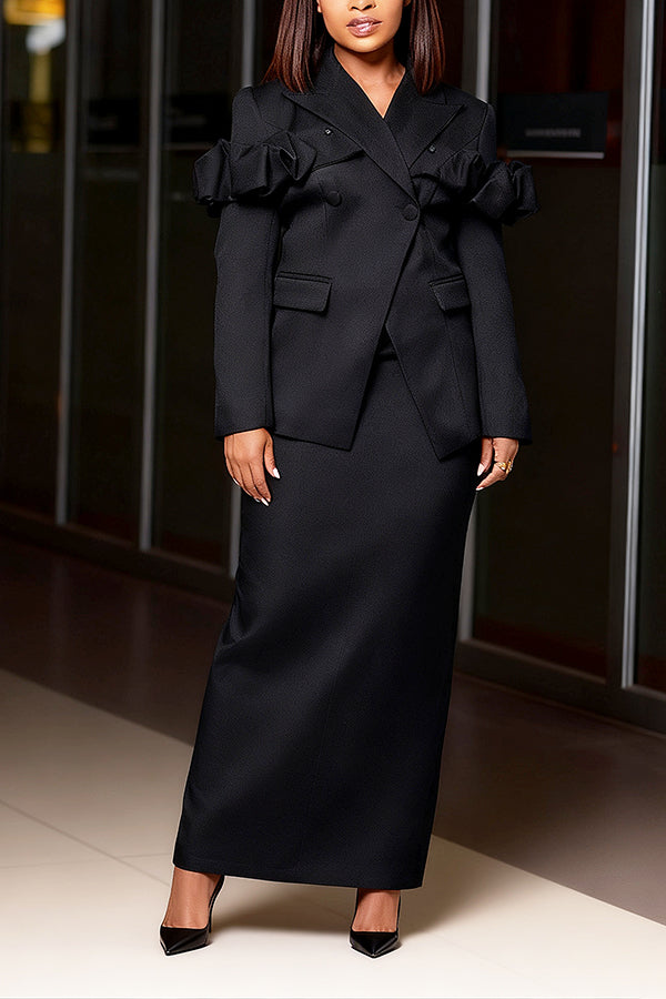 Chic Ruffle Hem Blazer & Skirt Set