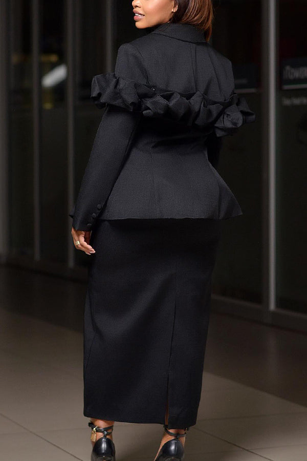 Chic Ruffle Hem Blazer & Skirt Set