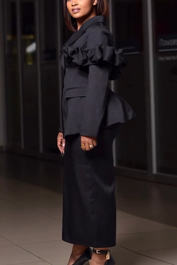 Chic Ruffle Hem Blazer & Skirt Set