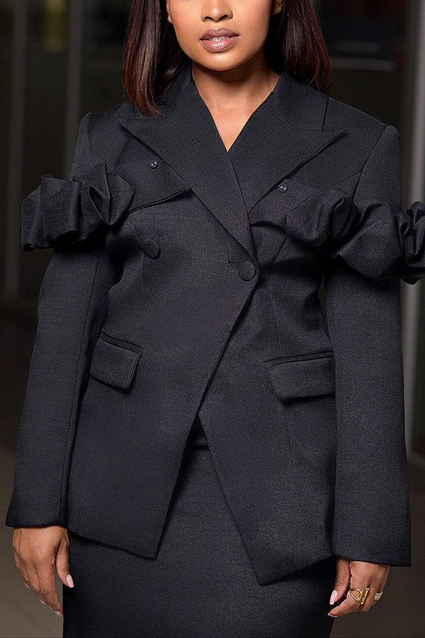 Chic Ruffle Hem Blazer & Skirt Set