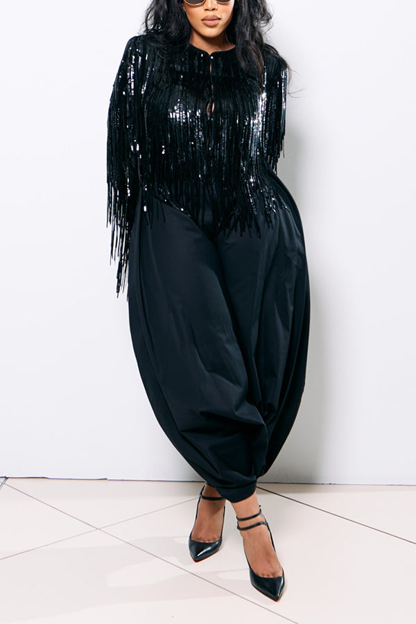 Stylish Glitter Fringe Hem Top & Pants Set