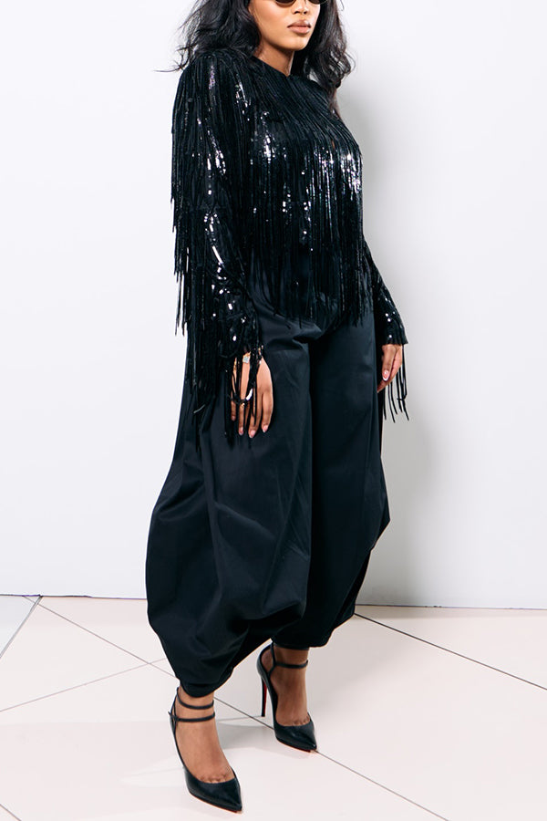 Stylish Glitter Fringe Hem Top & Pants Set