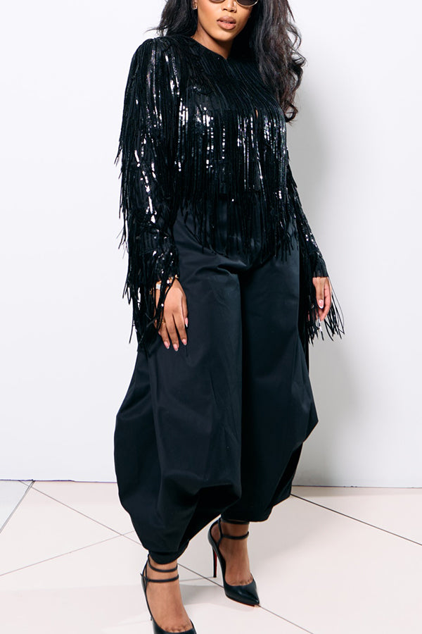 Stylish Glitter Fringe Hem Top & Pants Set