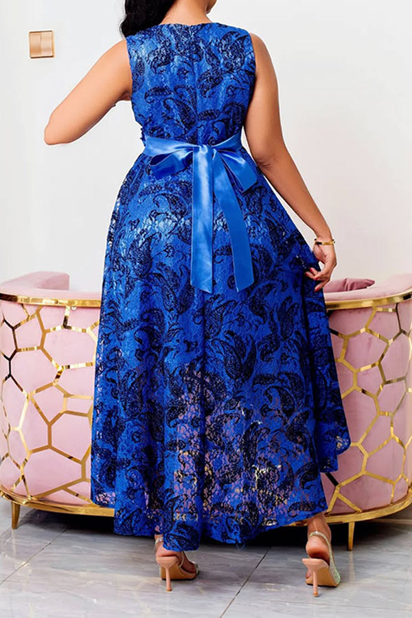Elegant 3D Flowers Lace Paisley Print Dress