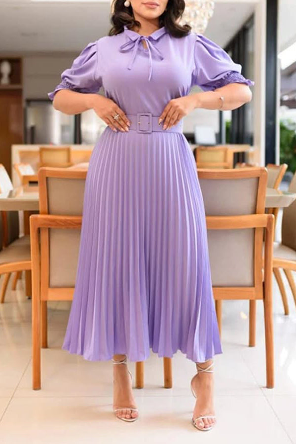 Elegant Tie Collar Pleated Dress With Belt