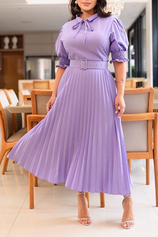 Elegant Tie Collar Pleated Dress With Belt