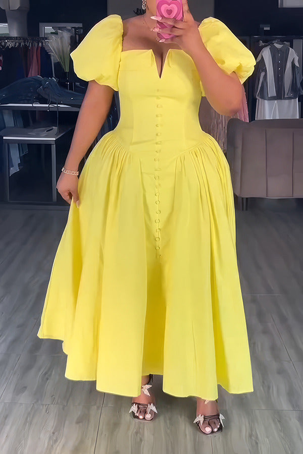 Elegant Puff Sleeve Pleated Hem Dress