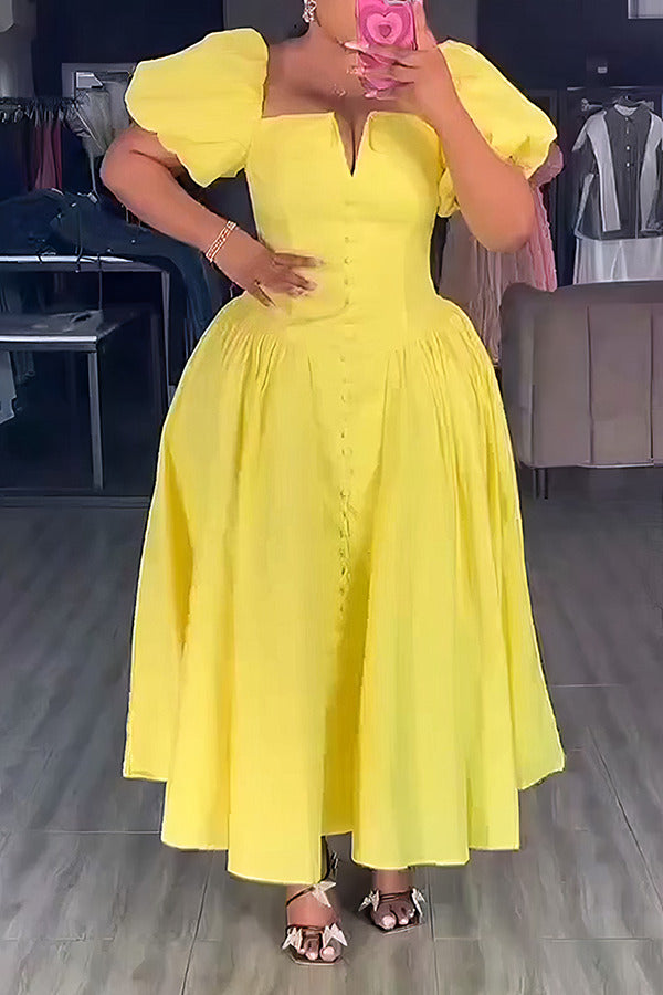 Elegant Puff Sleeve Pleated Hem Dress