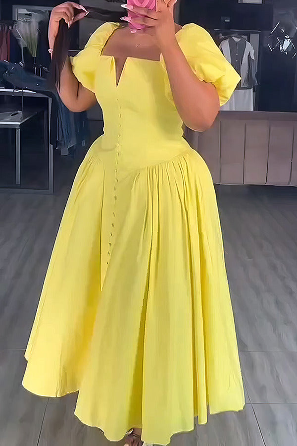Elegant Puff Sleeve Pleated Hem Dress