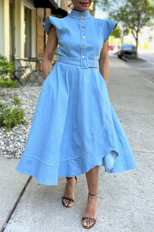 Fashionable Belted Irregular Ruffle Hem Denim Maxi Dress