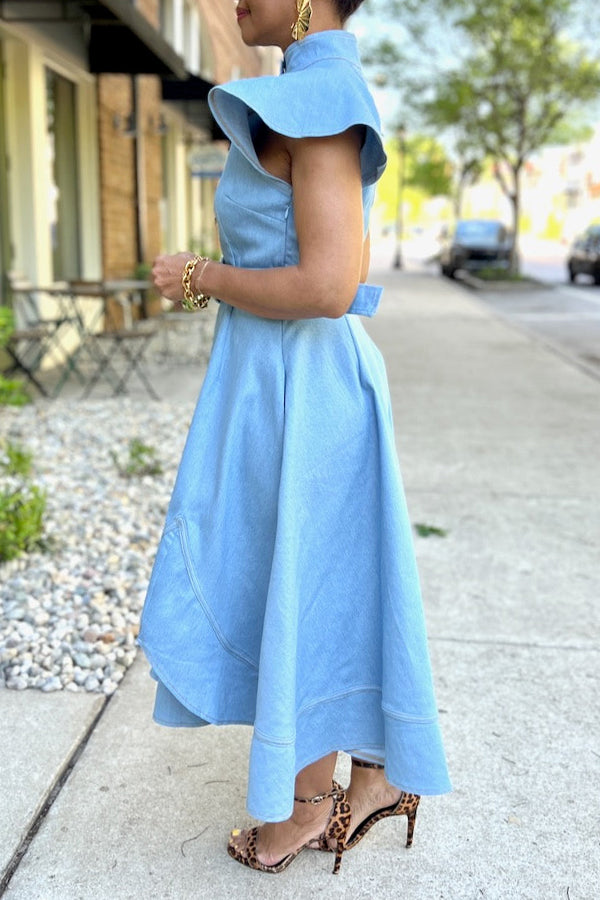 Fashionable Belted Irregular Ruffle Hem Denim Maxi Dress