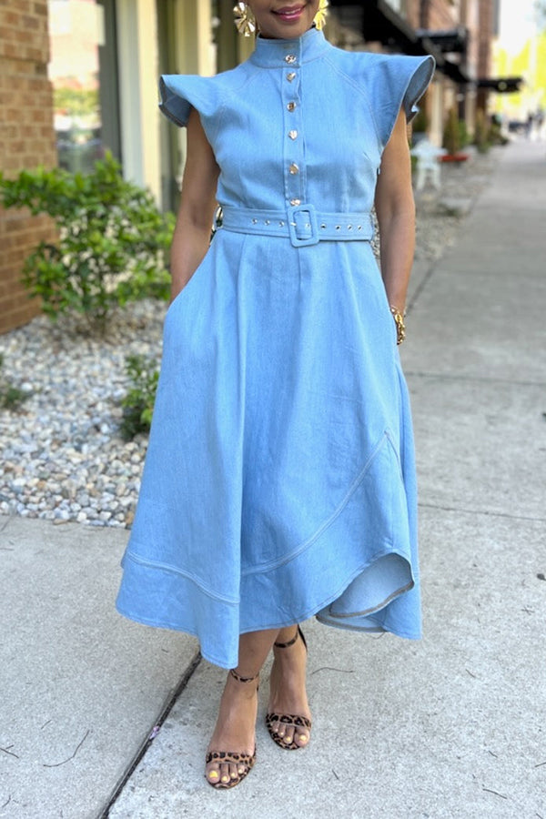Fashionable Belted Irregular Ruffle Hem Denim Maxi Dress