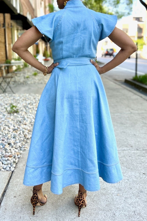 Fashionable Belted Irregular Ruffle Hem Denim Maxi Dress