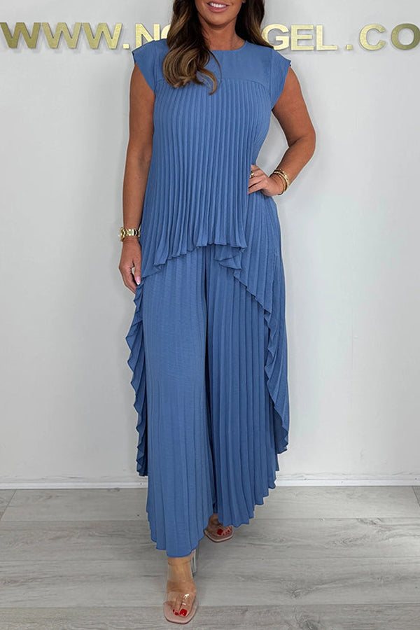 Casual Pleated Irregular Top & Wide Leg Pants Set