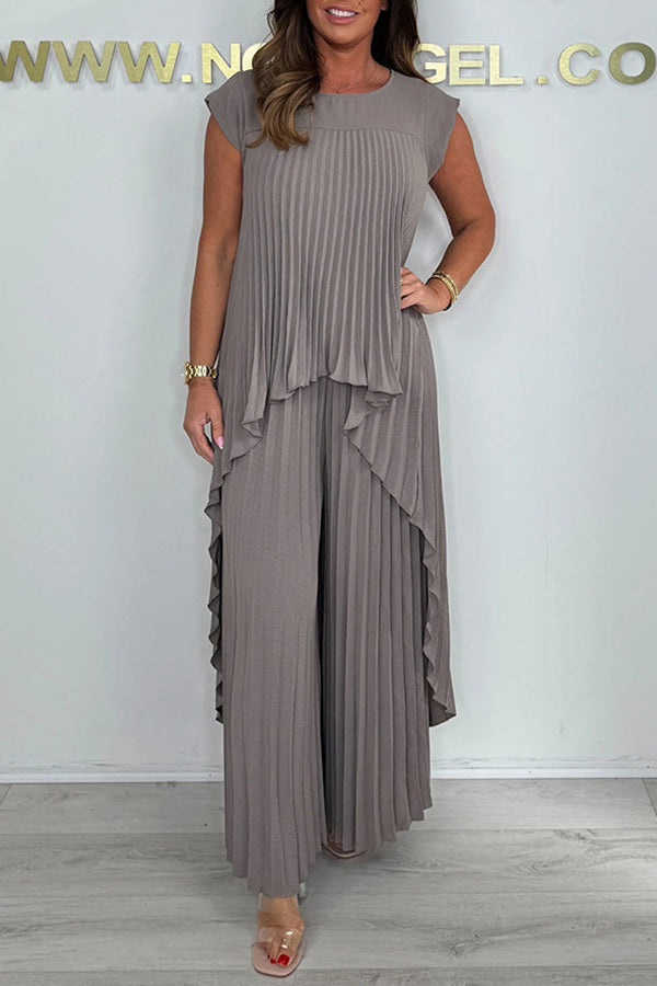 Casual Pleated Irregular Top & Wide Leg Pants Set