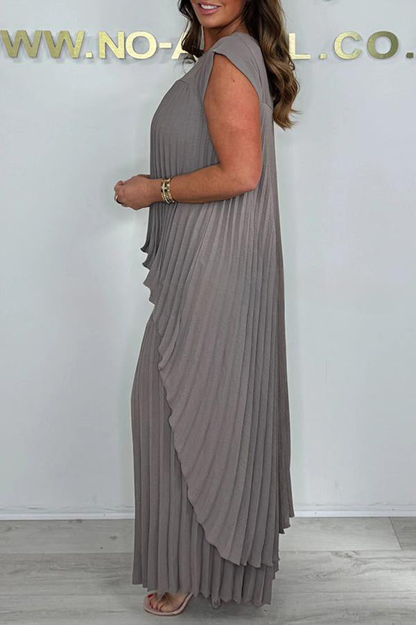 Casual Pleated Irregular Top & Wide Leg Pants Set