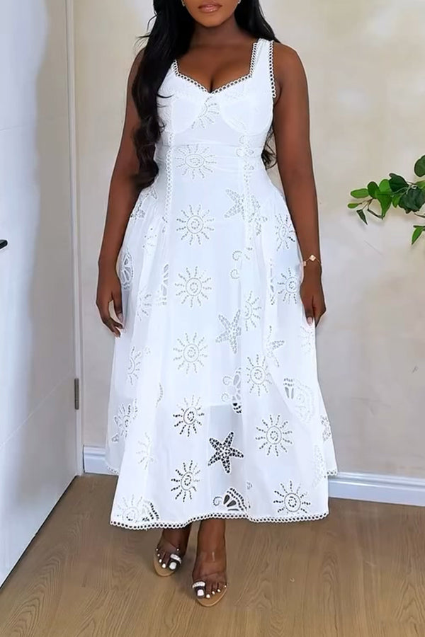 Playful Burning Flower Craft Lace Suspender Maxi Dress