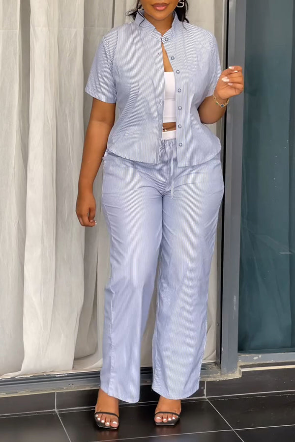 Casual Striped Single Breasted Top & Drawstring Pants Set