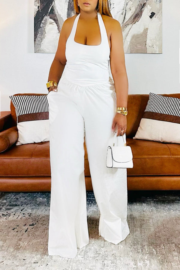 Comfy Halterneck Slant Pocket Wide-leg Jumpsuit