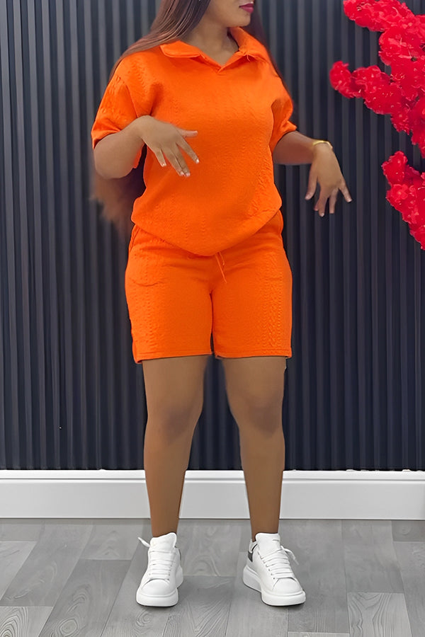 Casual Textured Knit Half Sleeve Blouse & Shorts Set