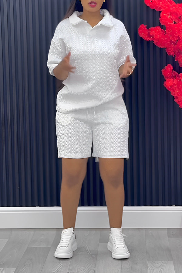 Casual Textured Knit Half Sleeve Blouse & Shorts Set