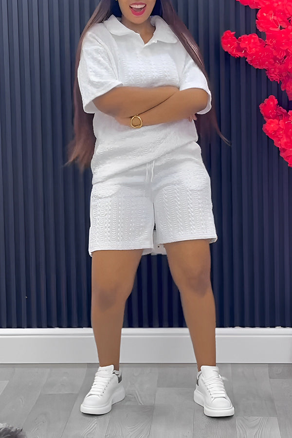 Casual Textured Knit Half Sleeve Blouse & Shorts Set
