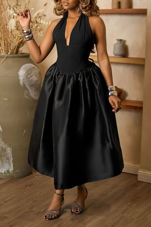 Elegant Halter Sleeveless Ruffle Hem Dress