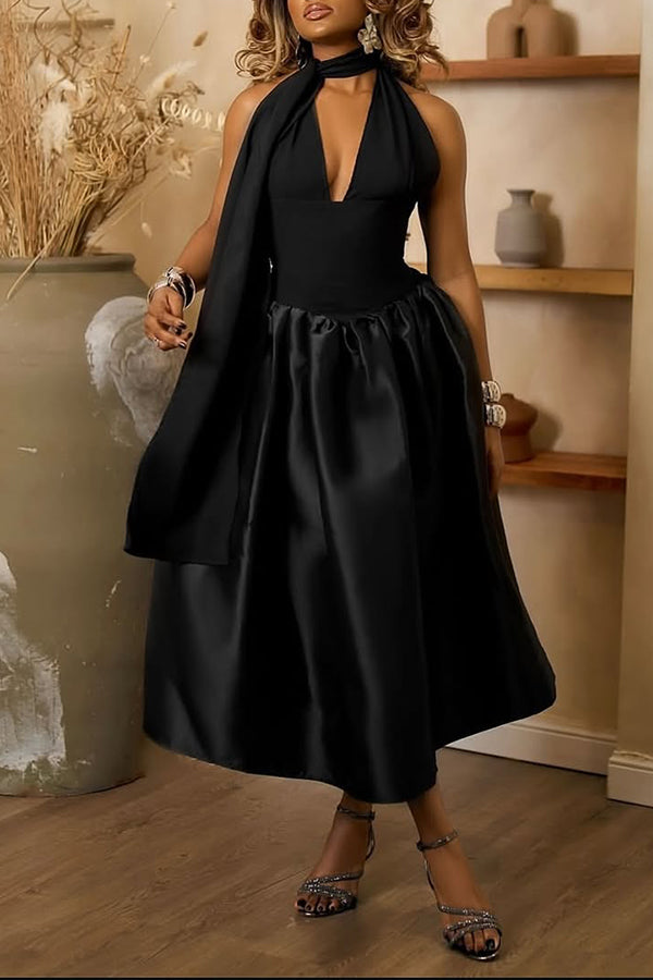 Elegant Halter Sleeveless Ruffle Hem Dress