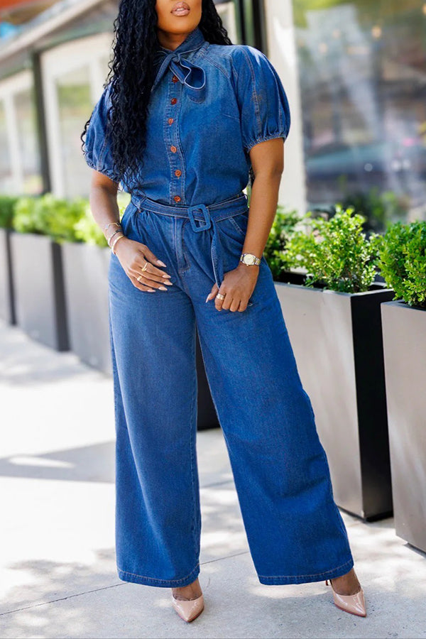 Puff Sleeve Denim Top & Wide Leg Pants Set
