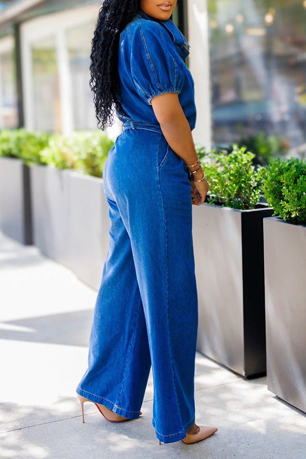 Puff Sleeve Denim Top & Wide Leg Pants Set
