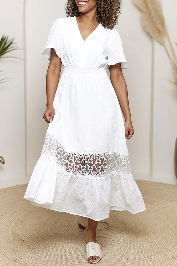 Vacation Lace Elasticated Shirred Waist Dress