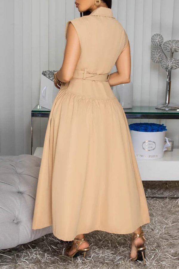 Casual Lapel Collar Pleated Dress With Belt