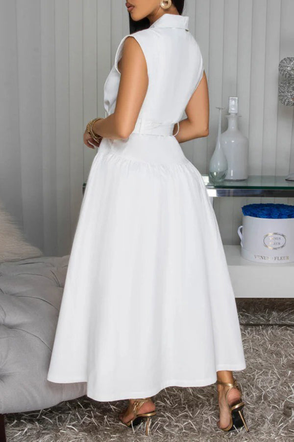 Casual Lapel Collar Pleated Dress With Belt
