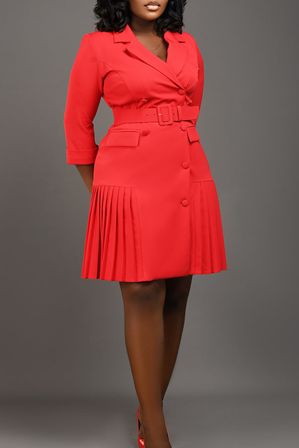 Elegant Lapel Neck Belted Pleated Dress