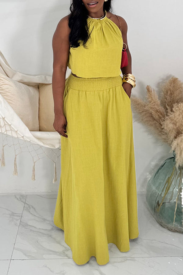 Stylish Halter Top & Pleated Skirt Set