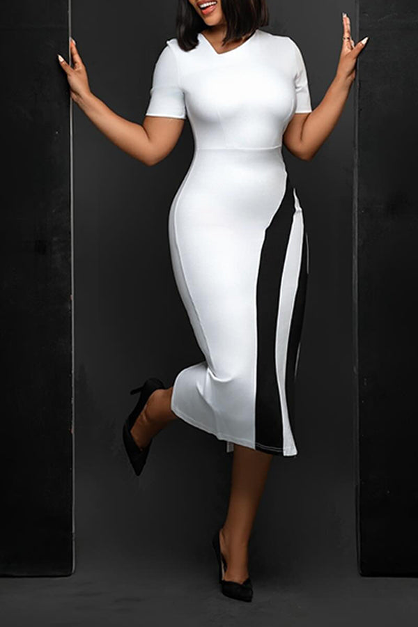 Elegant Two Tone Short Sleeve Bodycon Dress