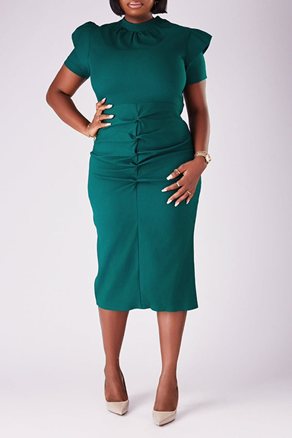 Elegant Ruched Short Sleeve Midi Dress