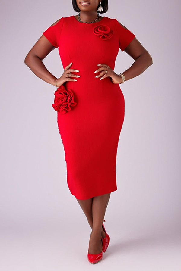Elegant 3D Floral Cutout Side Midi Dress