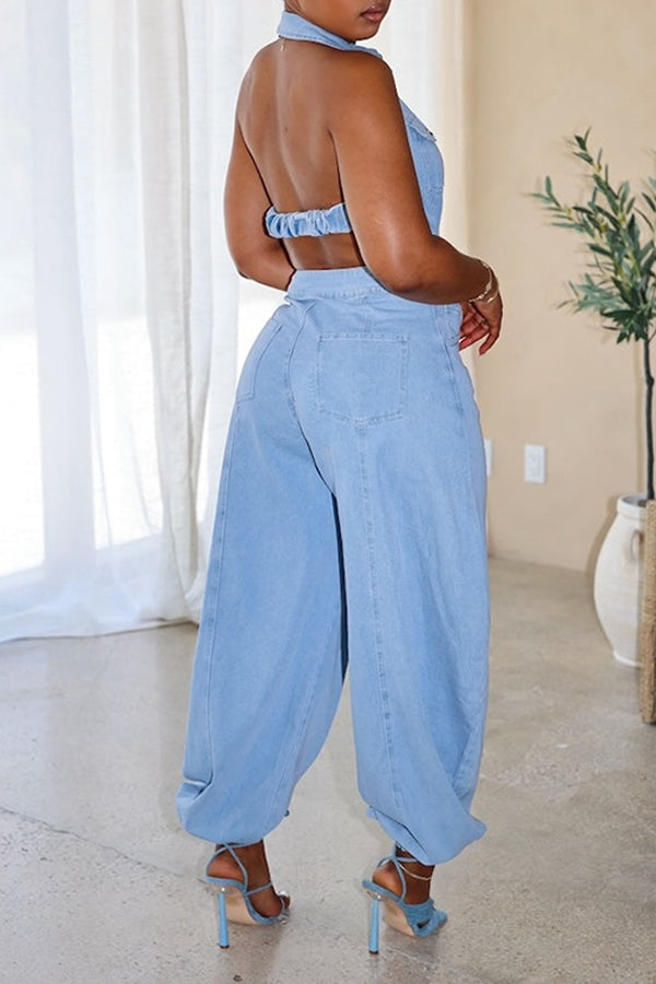 Chic Denim Halterneck Open Back Jumpsuit