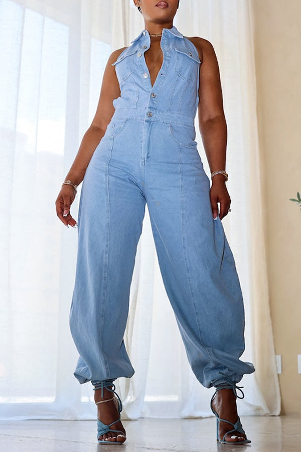 Chic Denim Halterneck Open Back Jumpsuit