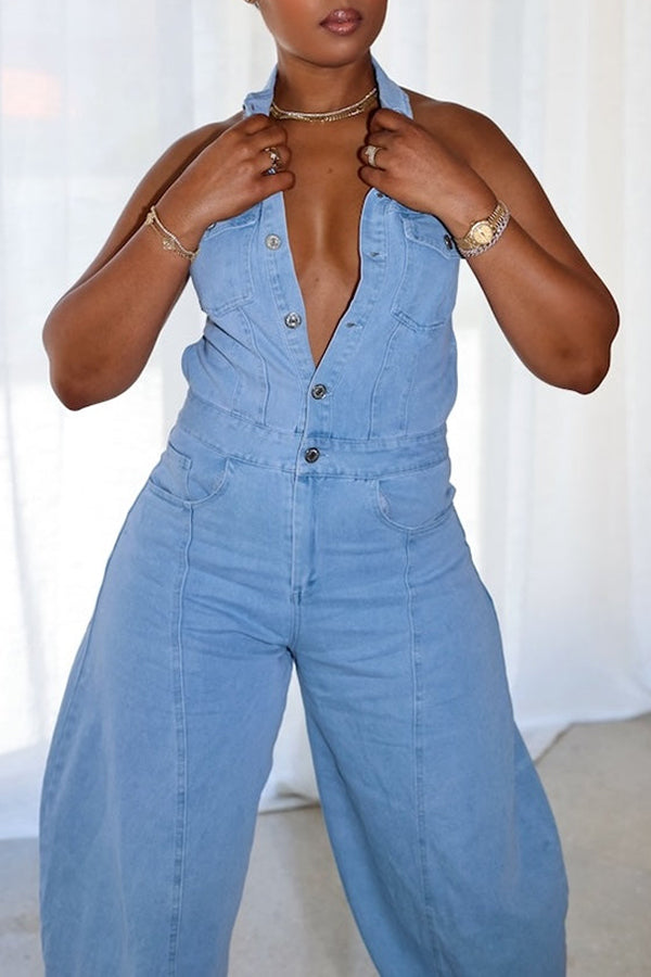 Chic Denim Halterneck Open Back Jumpsuit