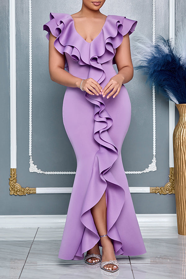 Elegant Layered Ruffle Sleeve Formal Dress